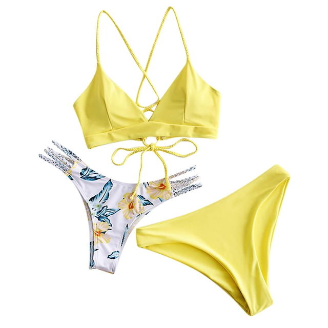 Gibobby Conjunto de traje de baño de bikini Traje de baño con estampado de pieza de ropa de playa con sujetador, traje de baño, conjunto de Bikini de muj(Amarillo,CH)