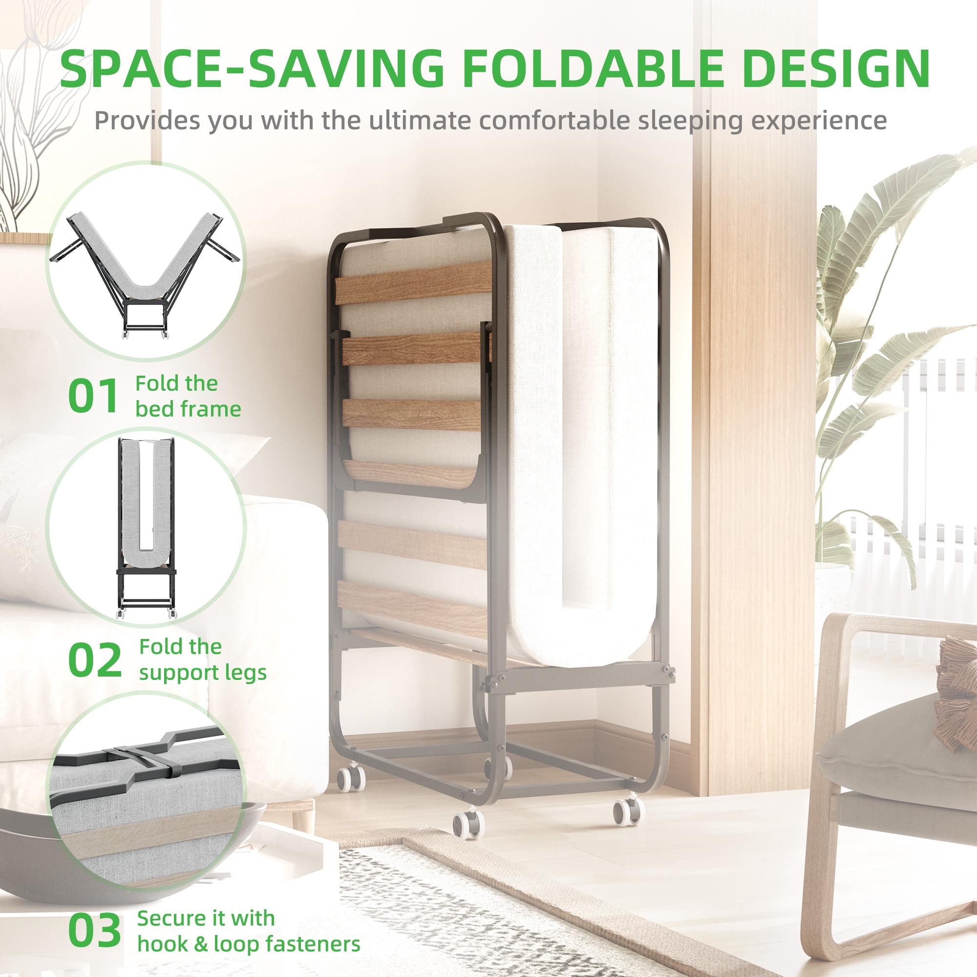 Vebreda Folding Bed with Mattress for Adults, Cot Size Rollaway Bed, Portable Foldable Bed with Mattress & Metal Frame for Easy Storage, 75"x 31"