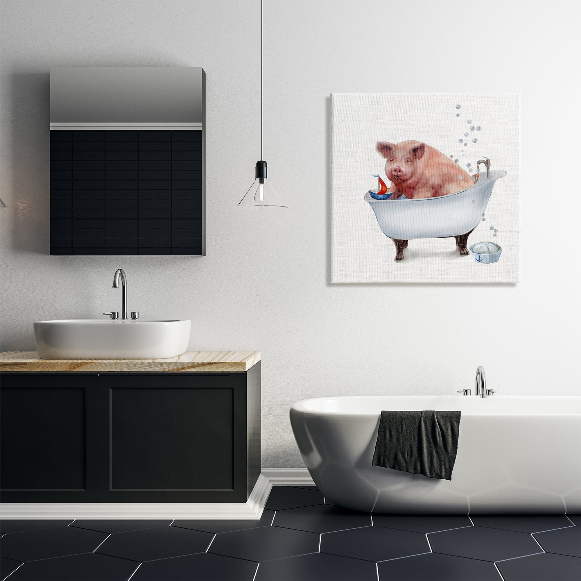 Stupell Industries Large Farm Pig in Bathtub Sailors Hat Bubbles Animals & Insects Painting Gallery Wrapped Canvas Print Wall Art, 30 x 30