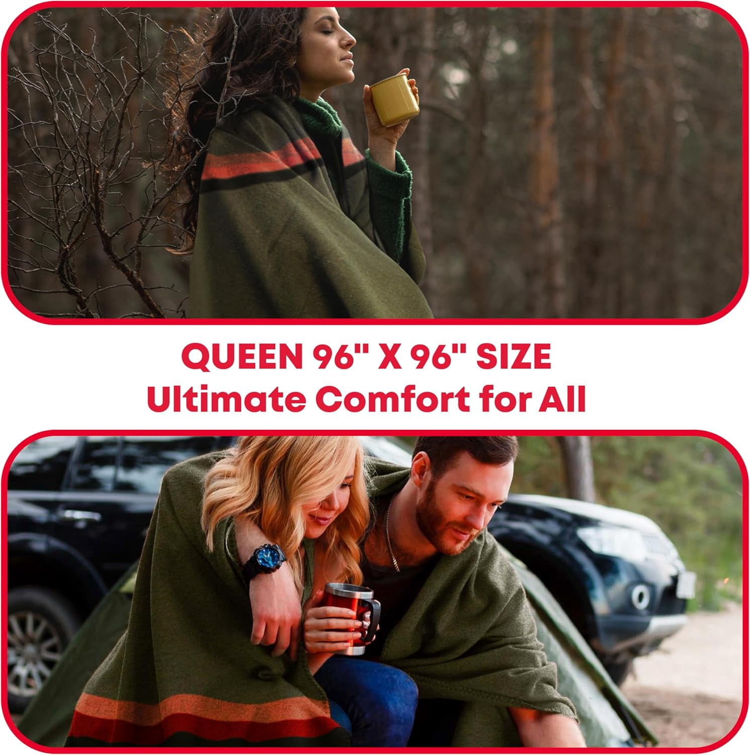 Military Wool Blanket - Perfect for Outdoors, Camping & Bushcraft Emergency Blanket, 95% Wool - 96" x 96" 6.65 lbs. - Olive Drab Green with Stripes - Queen Size by Ever Ready First Aid