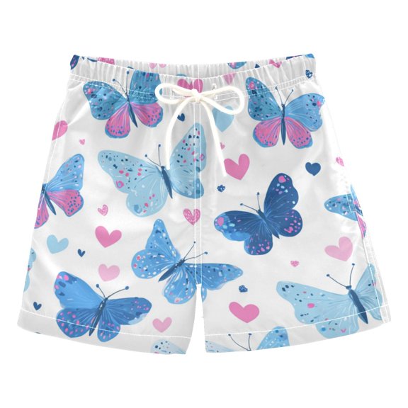 Kids' Beach Pants Comfortable Swim Trunks Cute Butterflies and Hearts Pattern Shorts for Pool Vacation and Lounge Wear 2T