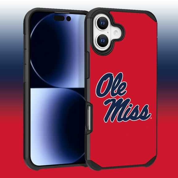 Apple iPhone 16 (6.1) - Licensed NCAA University of Mississippi Ole Miss Rebels Logo on Blue Textured Dual Layer Case