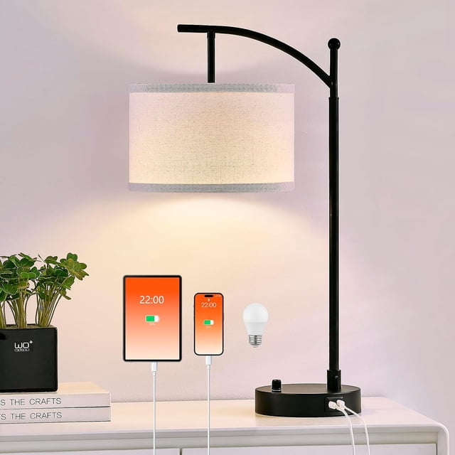 Lámpara de mesa para sala de estar, dormitorio, juego de 2 lámparas de mesa de 23.5 pulgadas con puertos USB C+A, lámparas de noche para mesita de noche con pantallas de lámpara de lino