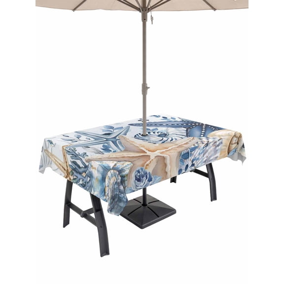 Outdoor Tablecloths with Umbrella Hole & Zipper, Blue Starfish Coastal 60 x102 Inch Rectangle Tablecloths, Eucalyptus Summer Nautical Shell Waterproof Table Cloth, Patio/Pool/Picnic Table Covers