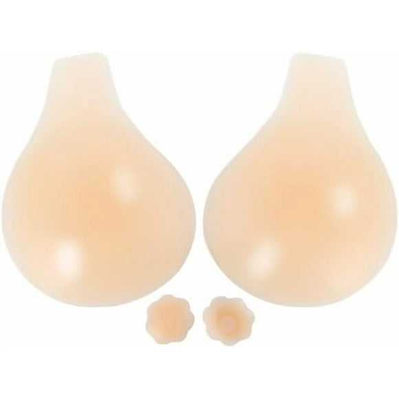 Sticky Bra Push Up Adhesive Bra Invisible Silicone Bra Backless Strapless Bras with Nipple Covers for Women(B,Creme