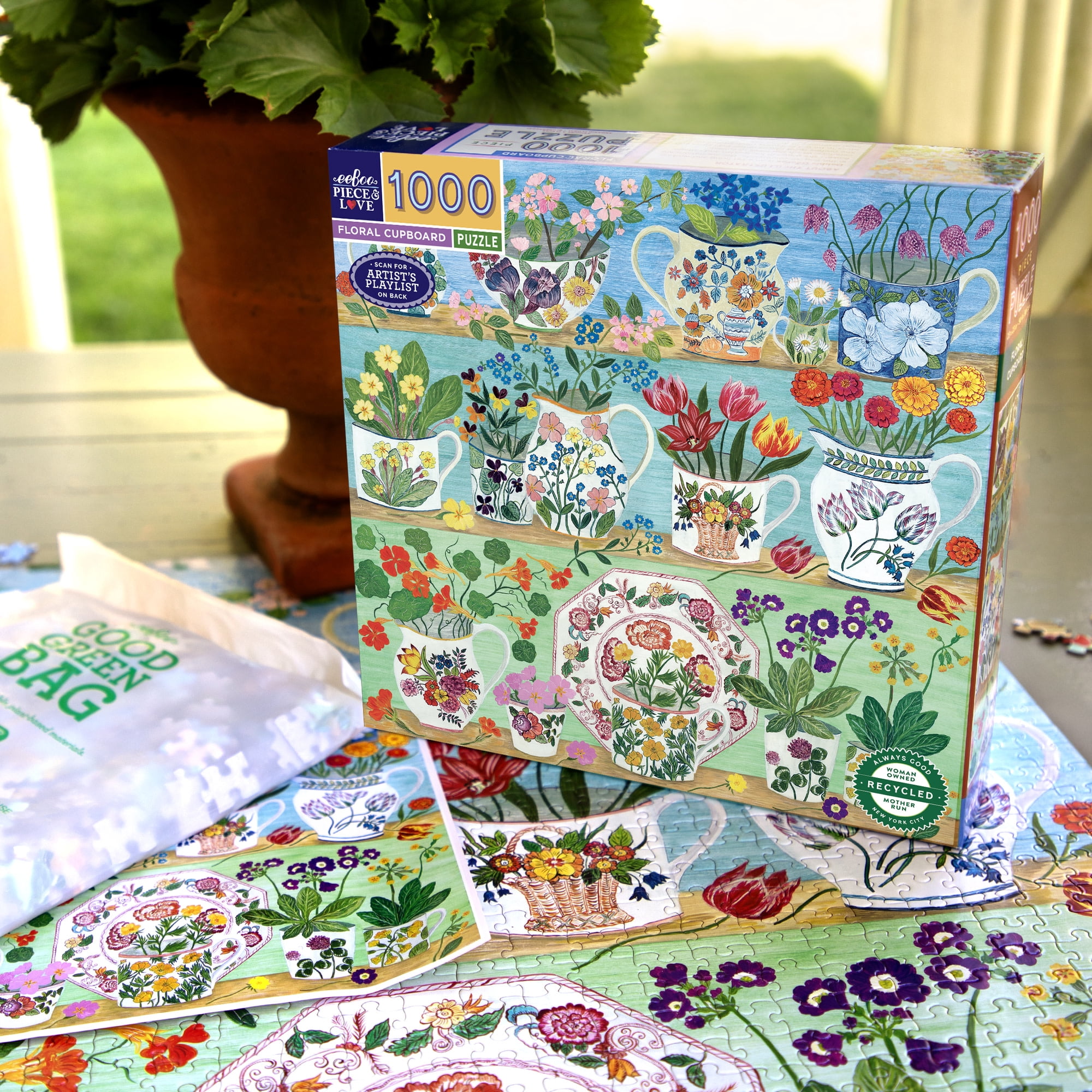 eeBoo Piece & Love: Floral Cupboard - 1000 Piece Puzzle - 23" Square Adult Jigsaw, Debbie George's Georgian China & Bouquet Vase Scene, Eco-Friendly