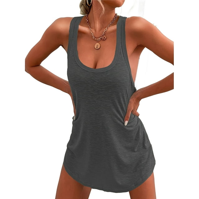 Trajes de Baño para Mujer, Vestidos de Playa Básicos, Sin Mangas, con Cuello en U, para Playa Gris XL