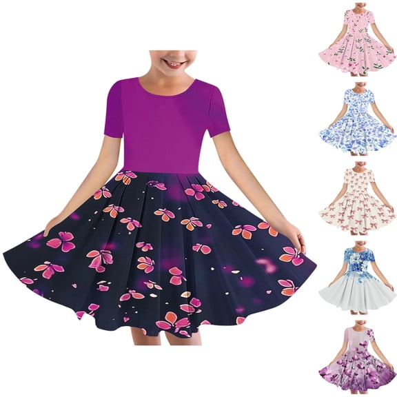 SROBPTY Girls Summer Dress Print Short Sleeve Crew Neck Mid-Length Sundress for 4-14 Years
