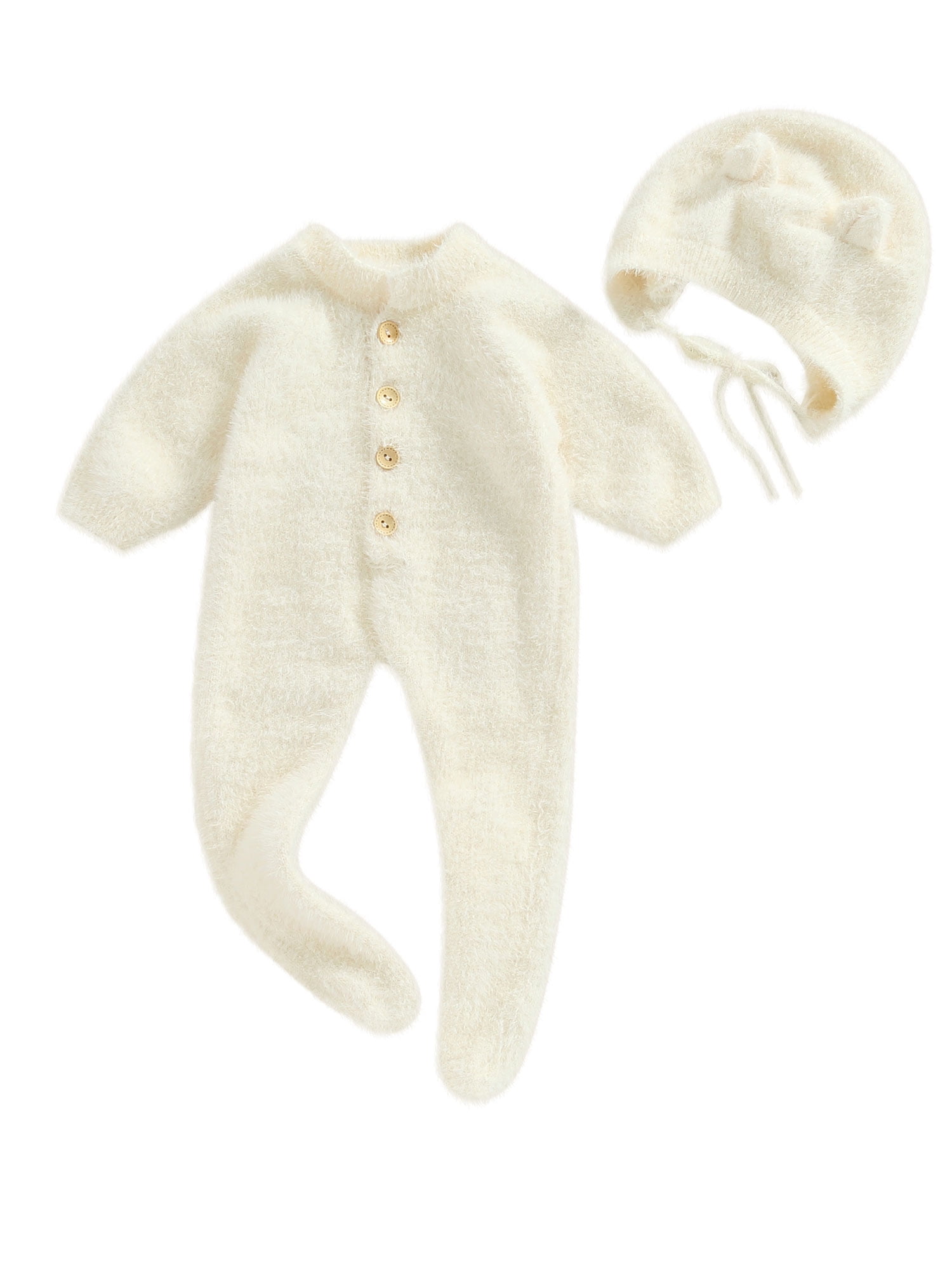 Arvbitana Infant Baby Girl Boy Plush Jumpsuit Long Sleeve Round Neck Button Closure Solid Color Playsuit  + Hat Winter Warm One Pieces Clothes for Infant 2Pcs 0-24M