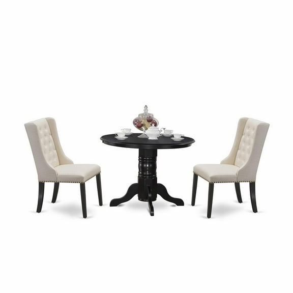 East West Furniture SHFO3-BLK-01 3-Pc Dinette Room Set Includes 1 Pedestal Dining Table and 2 Cream Linen Fabric Dining Padded Chairs with Button Tufted Back - Black Finish