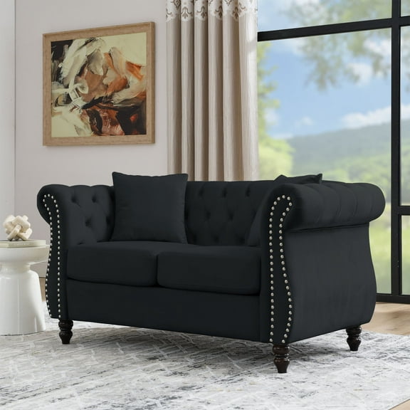 Newboti Furniture 58.8" Chesterfield Sofa Black Velvet for Living Room, 2 Seater Sofa Tufted Couch with Rolled Arms and Nailhead for Living Room, Bedroom, Office, Apartment, two pillows 23563