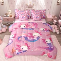jejeloiu Kawaii Cute Axolotl 7 Pieces Bedding Comforter Set,Pink Sea Animal Full Bedding Set For Salamander Lover Reversible