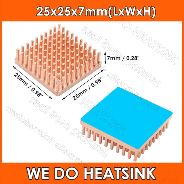 Free Ship 25*25*7mm Square Pure Copper Pin Fins Heatsink Radiator Cooler With Thermal Conductive Adhesive Pad For Electronics IC With Pad 1pcs