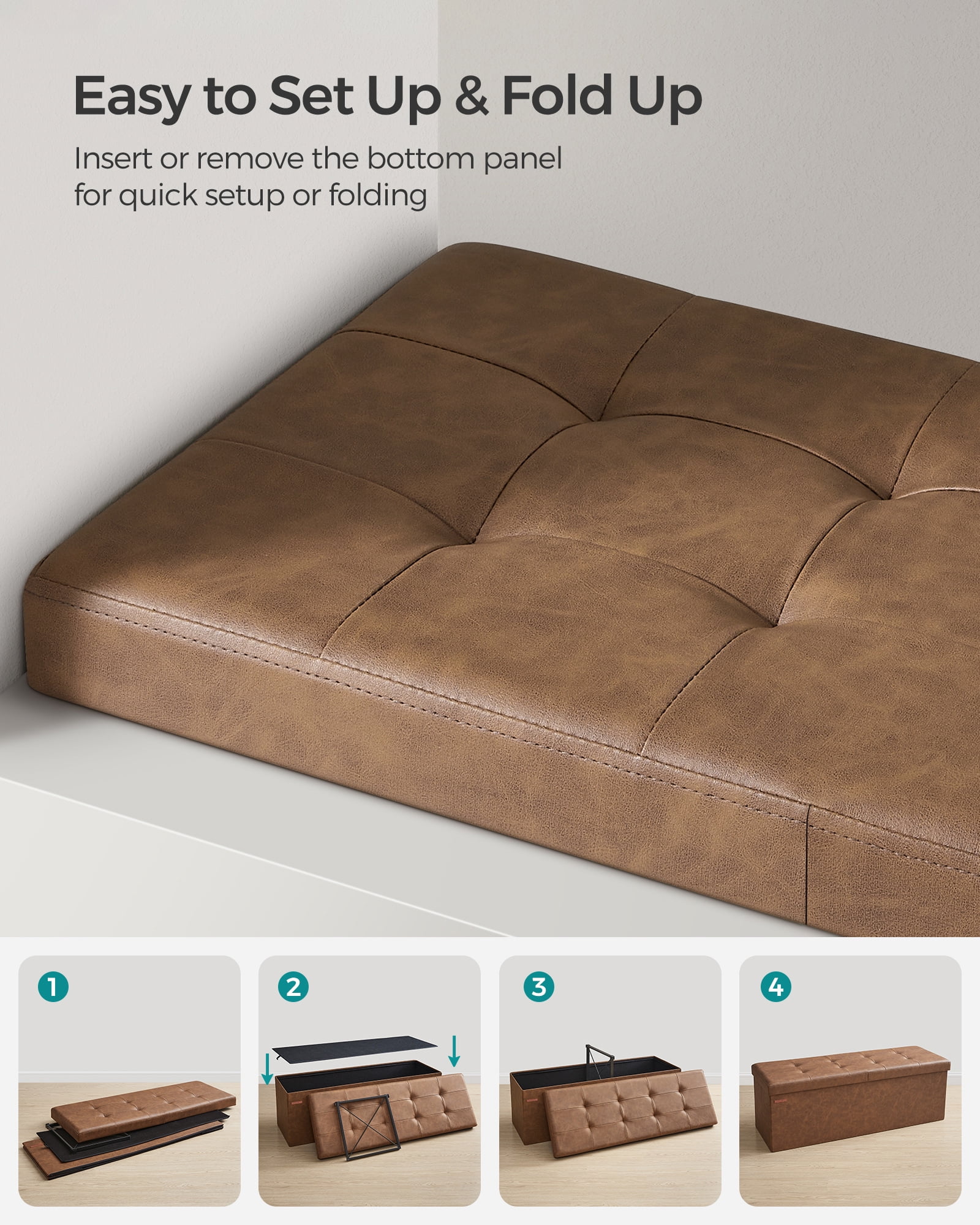 SONGMICS 43" Storage Ottoman Bench Folding Leather Ottoman Storage Footrest Hold up to 660lb Coffee Brown