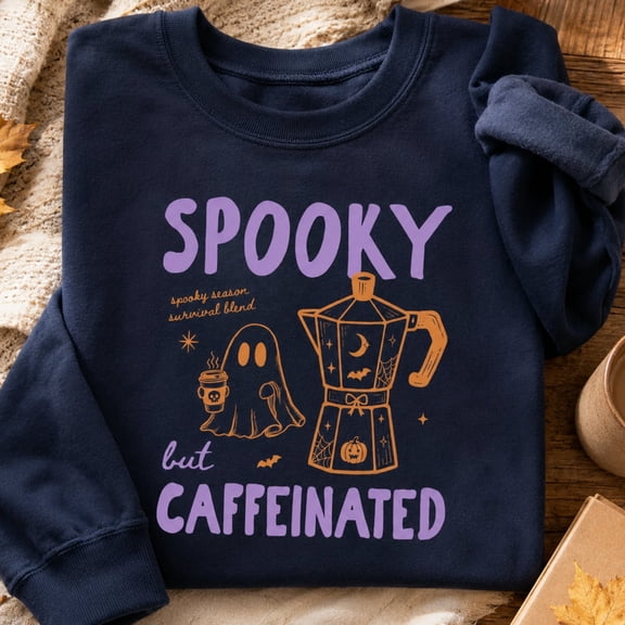Halloween Shirt, Spooky but Caffeinated Ghost Sweatshirt, Funny Coffee Lover Hoodie, Retro Halloween T-Shirt, Fall Gift for Women and Men