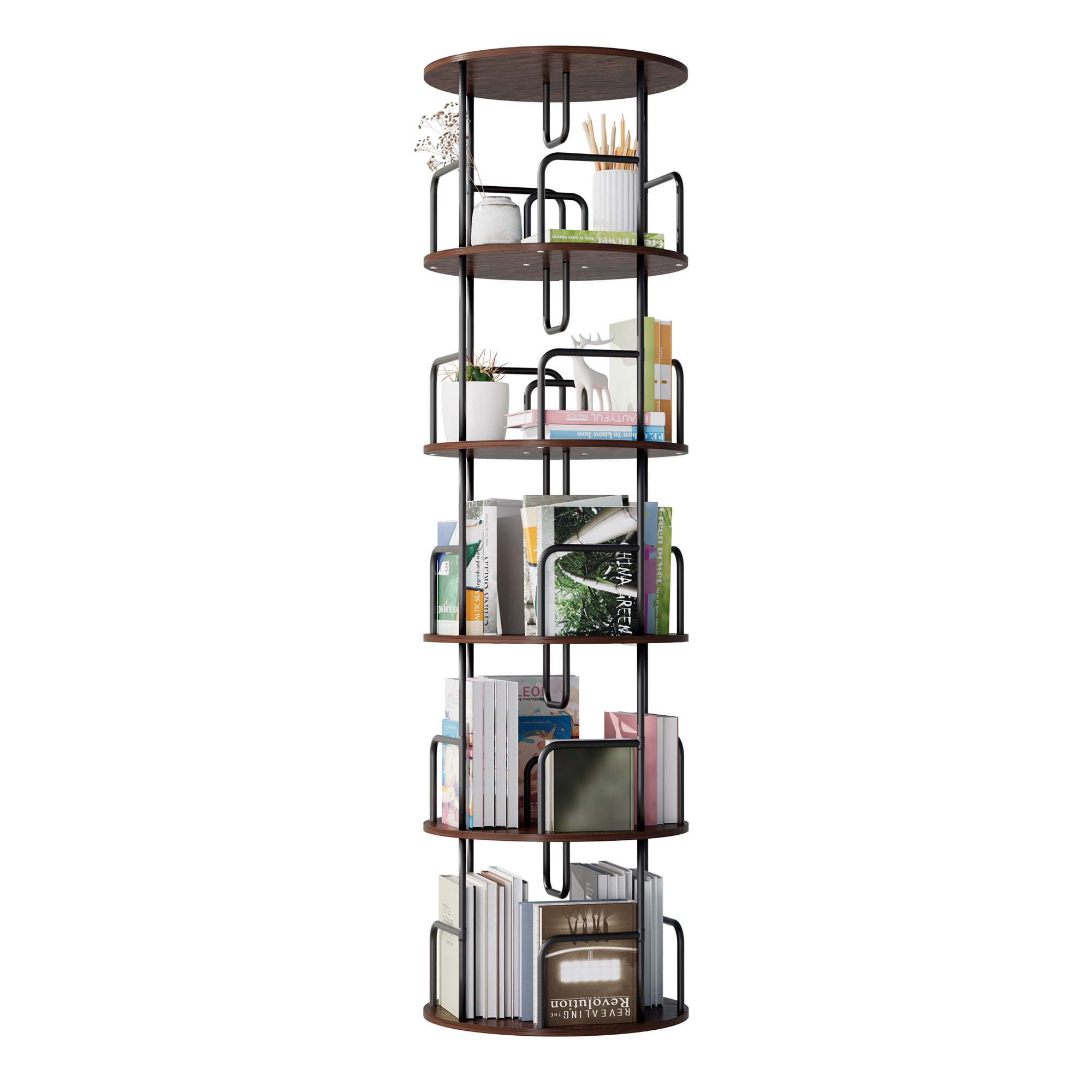 Leumius 5 Tier Rotating Bookshelf, Revolving 360 Book Shelf Narrow Tall Bookcase, Vertical Turning Round Storage Bookshelf for Bedroom, Living Room Walnut