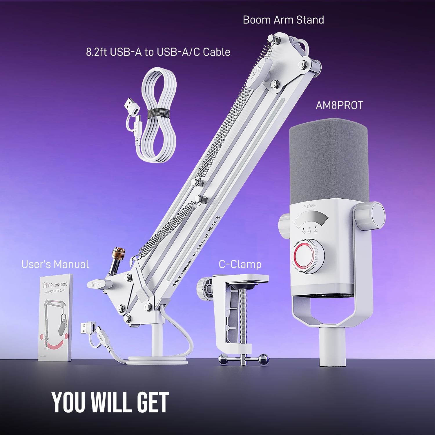 FIFINE AM8 Gaming Microphone Kit with Software, RGB Boom Arm Stand