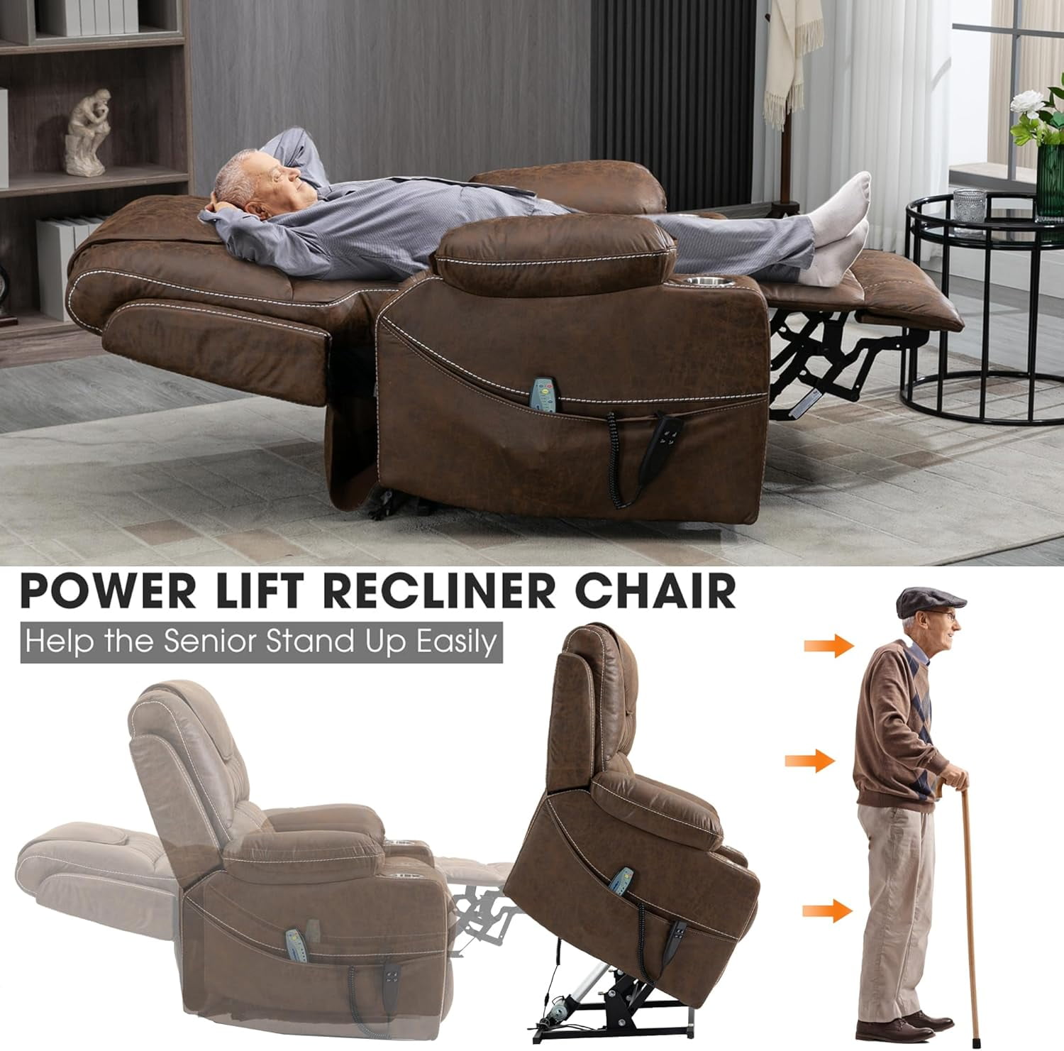 REHOUSING Adult Leather Power Lift and Massage Recliners, Brown