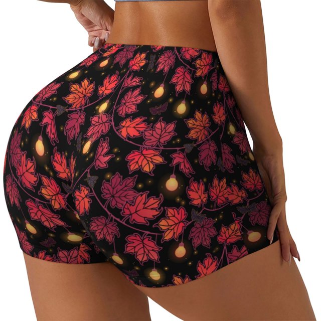 Balery Beautiful Maple Leaf Lantern Pantalones cortos de entrenamiento estampados para mujer, sin costuras, ajustados, para gimnasio, yoga, correr, deportes, ejercicio activo, fitness.-XX-Large