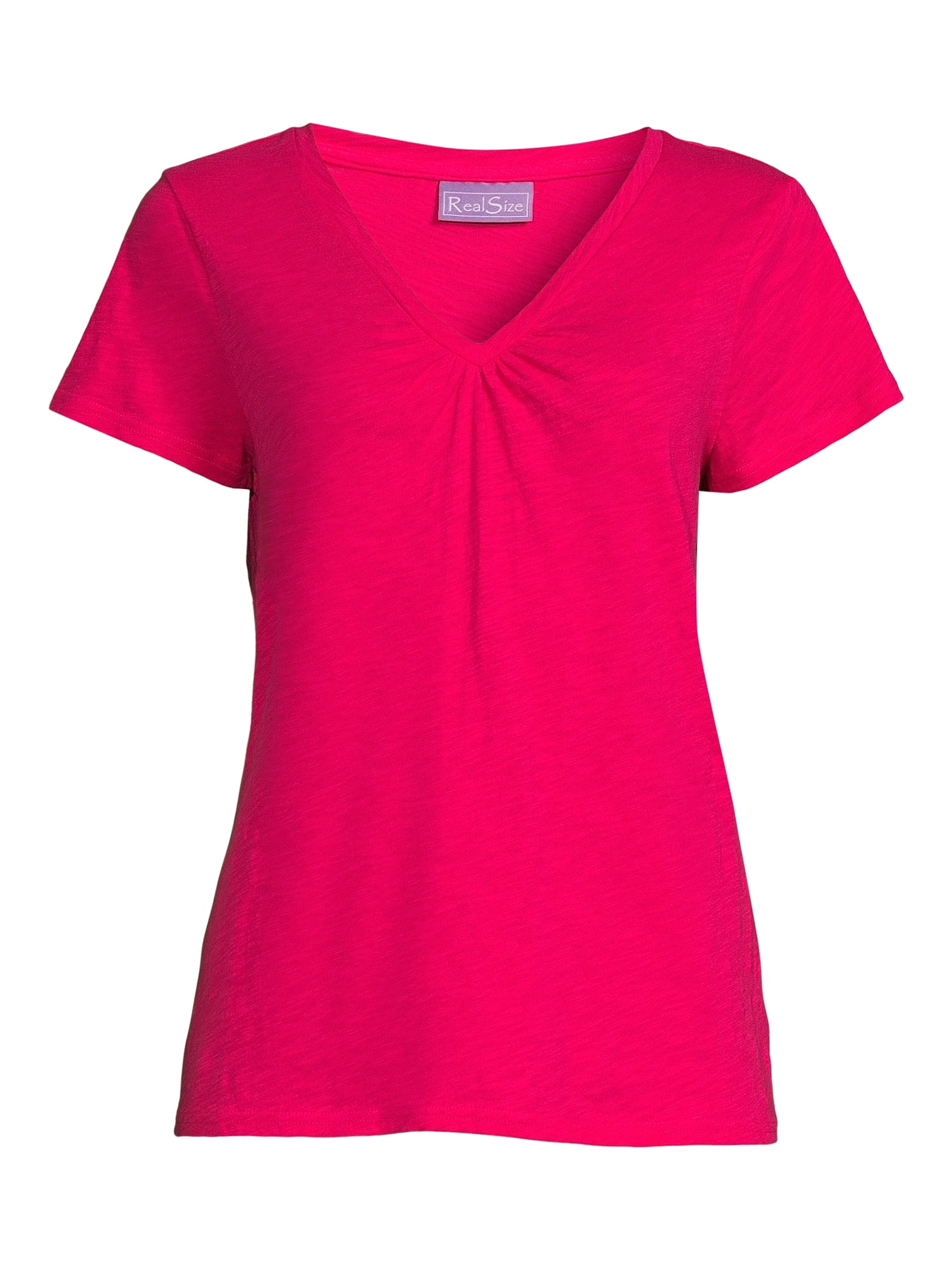 RealSize Women's Shirred V-Neck Tee with Short Sleeves, Sizes XS-3XL