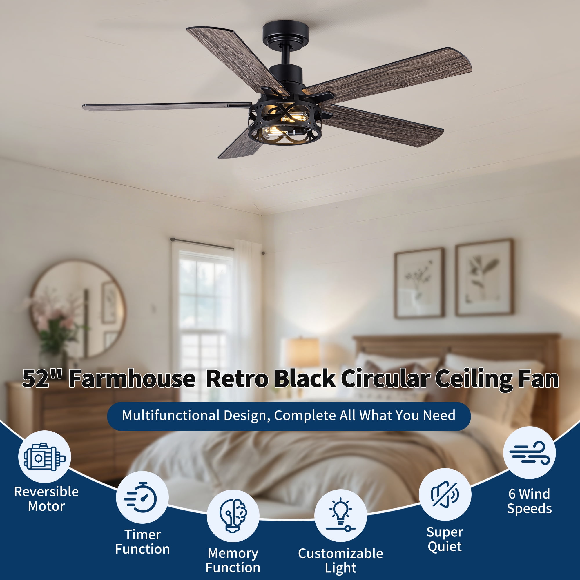 Leumius 52" Modern Farmhouse Industrial Ceiling Fan with Light, Reversible DC Motor, 6‑Speed Timer Remote, Metal Cage, E12 Compatible, Bulbs Not Included for Living Room Bedroom