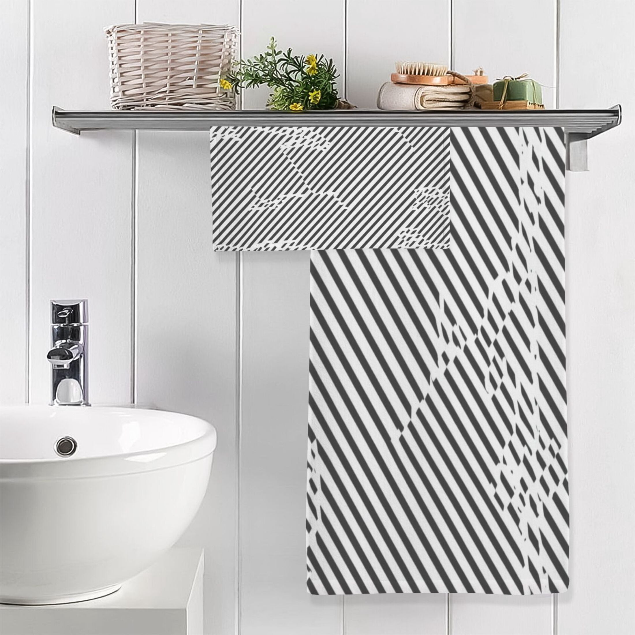 Black and White Stripe Design 2 Piece Cotton Bath and Face Towel Set Soft and Absorbent, for Beach Pool Bathroom