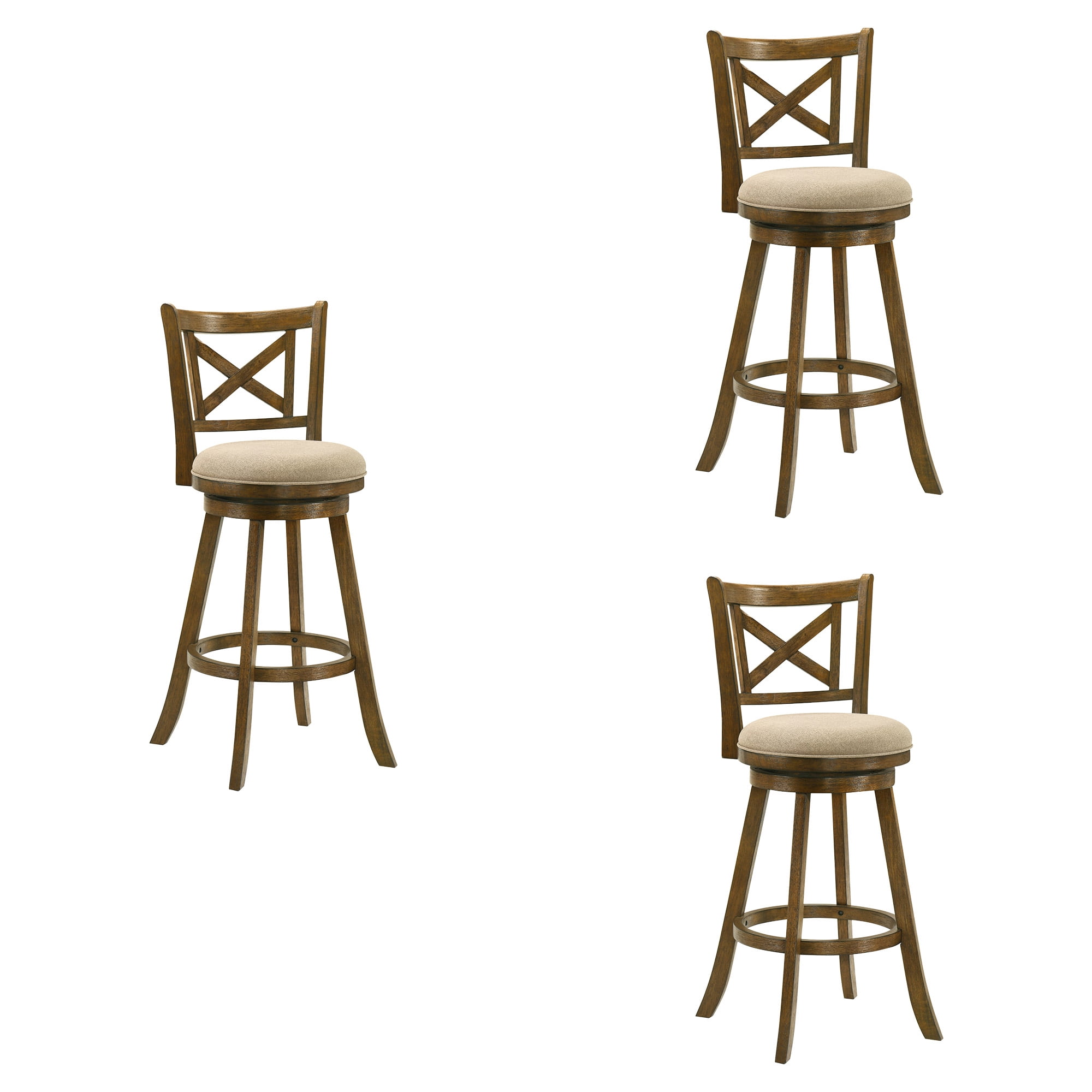 Kodi Modern Farmhouse Swivel Wood Bar Height Kitchen Bar Stool in Sepia Brown Finish with Light Scone Fabric Upholstered Seat - Set of 3