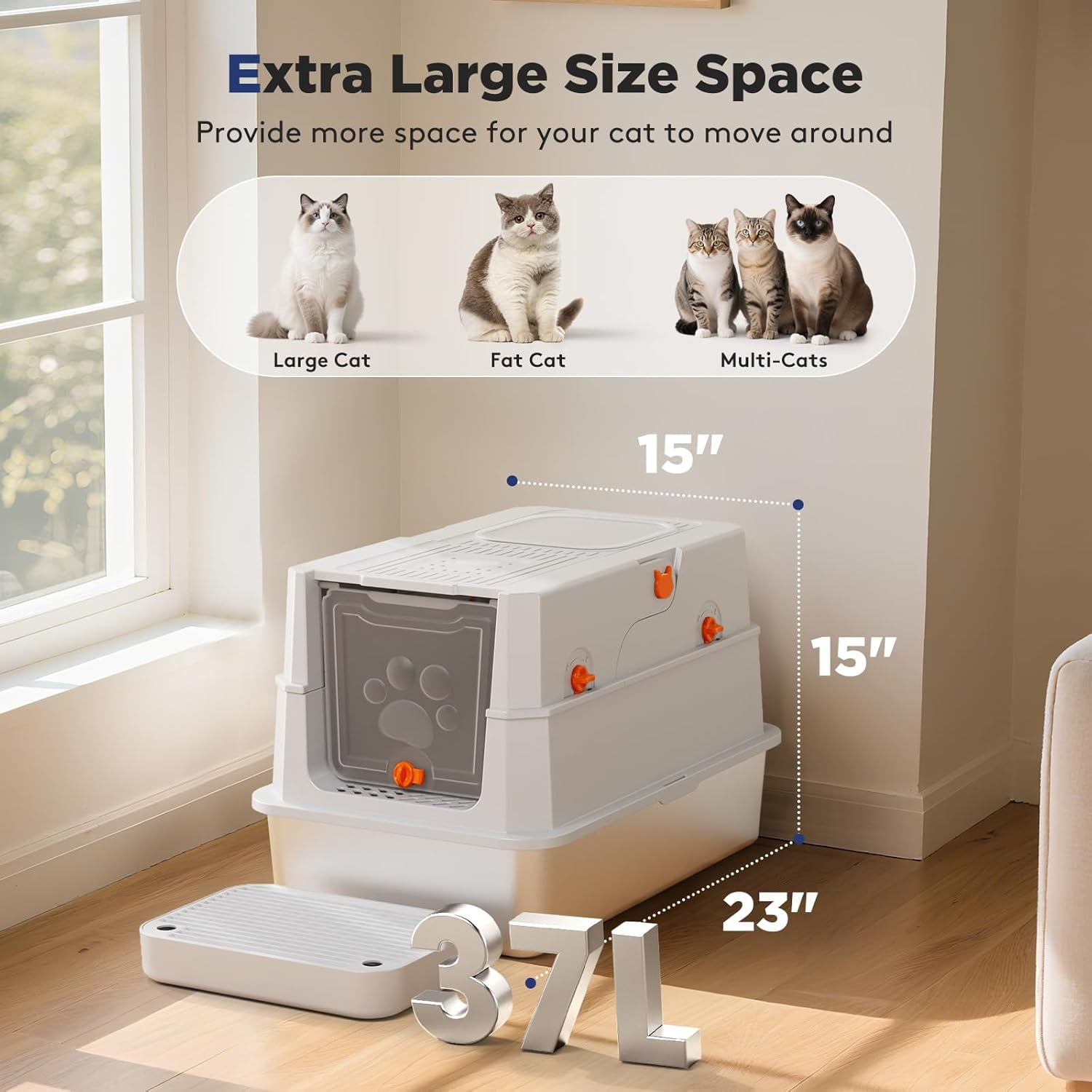 Stainless Steel Litter Box with Lid, XL Extra Large Enclosed Cat Litter Box for Big Cats, Metal Cat Box with High Sided Enclosure & Scoop, Front & Top Entry, Odor Free, Anti-Leakage, Silver