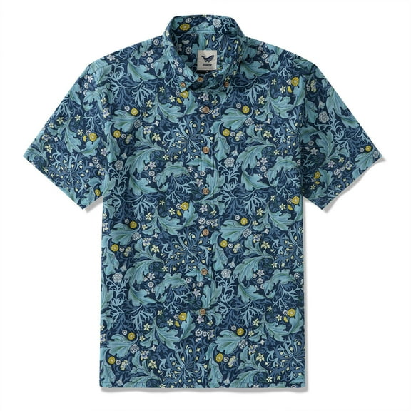 YIUME Hawaiian Shirt for Men Lush Blooms Button-down Short Sleeve 100% Cotton Aloha Shirt