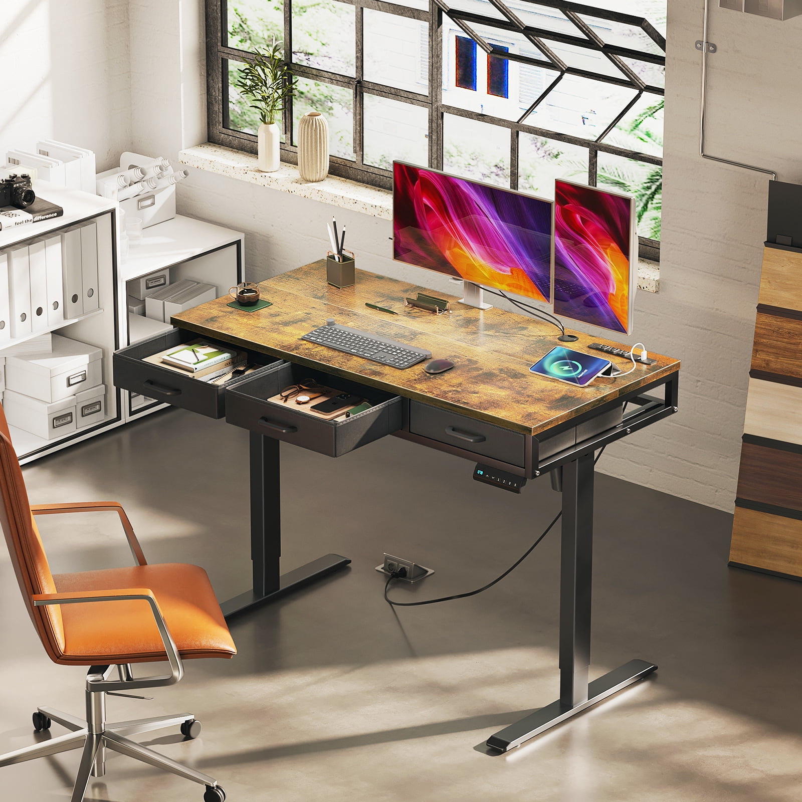 Electric Standing Desk with Drawers, 47 Inch Height Adjustable Desk with Power Outlets & USB, Sit Stand Table for Home, Office, Workstation, Rustic Brown