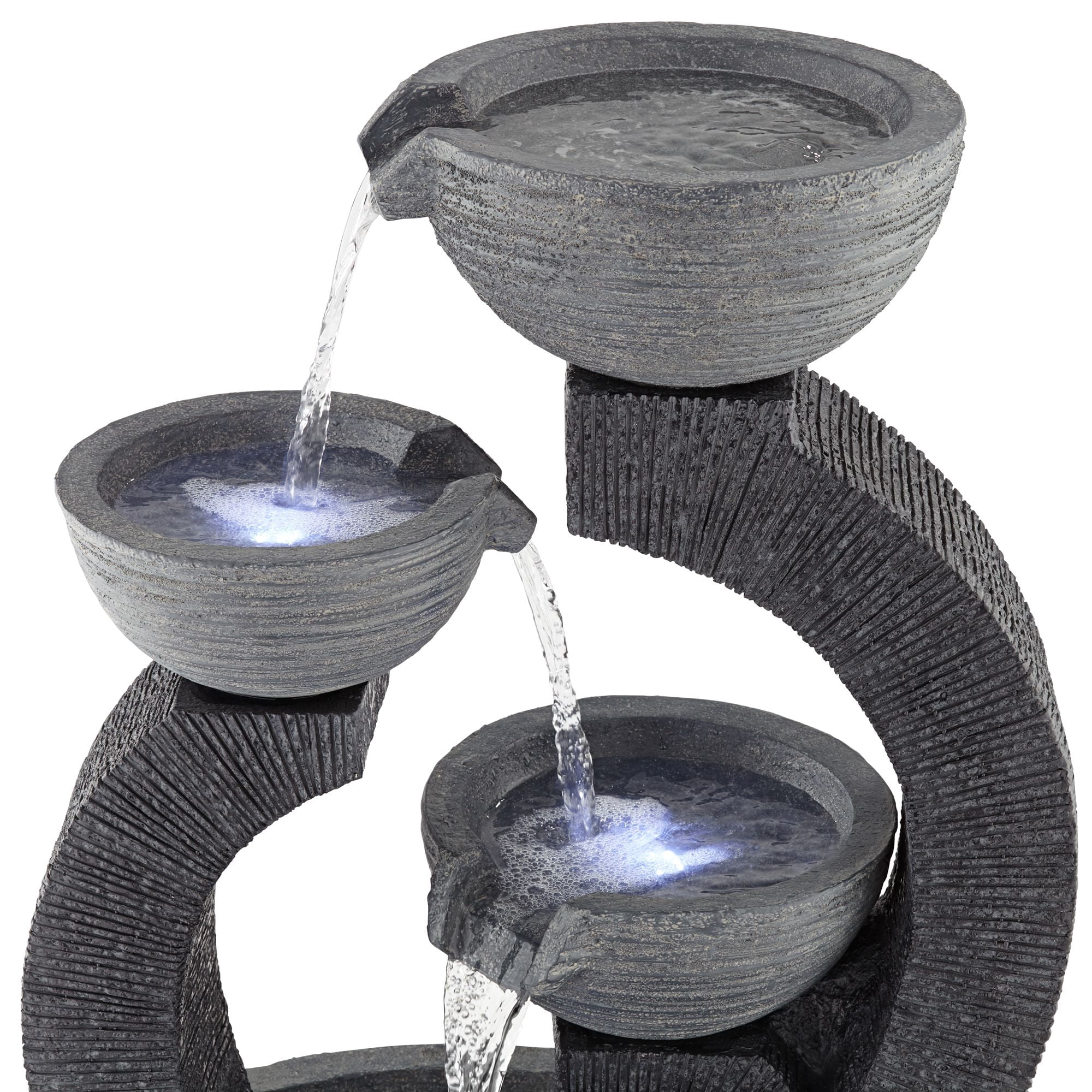 Three Cup 31 1/2" High Large Modern Indoor Outdoor Decor Gray Faux Stone Floor Fountain w/ Light LED Cascading