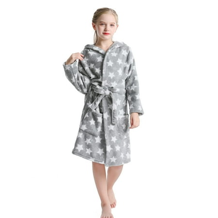 

V.&GRIN Girls Fleece Robe Hooded Toddler Soft Fuzzy Bathrobe for Kids 3-14 Years（Star Gray 5-6）