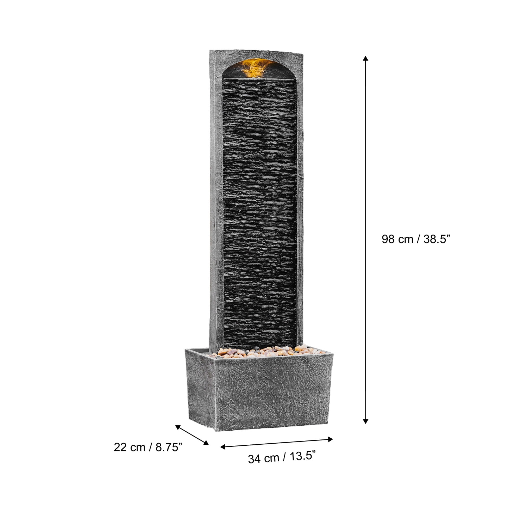Teamson Home 38.5" Faux Slate Contemporary Outdoor LED Waterfall Fountain with Pebble Base, Gray/Black