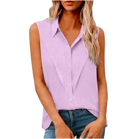 Miluxas Womens Sleeveless Button Down Shirts Cotton Linen Blouses Solid Color V Neck Casual Work Tank Tops Pink XXL(XXL)