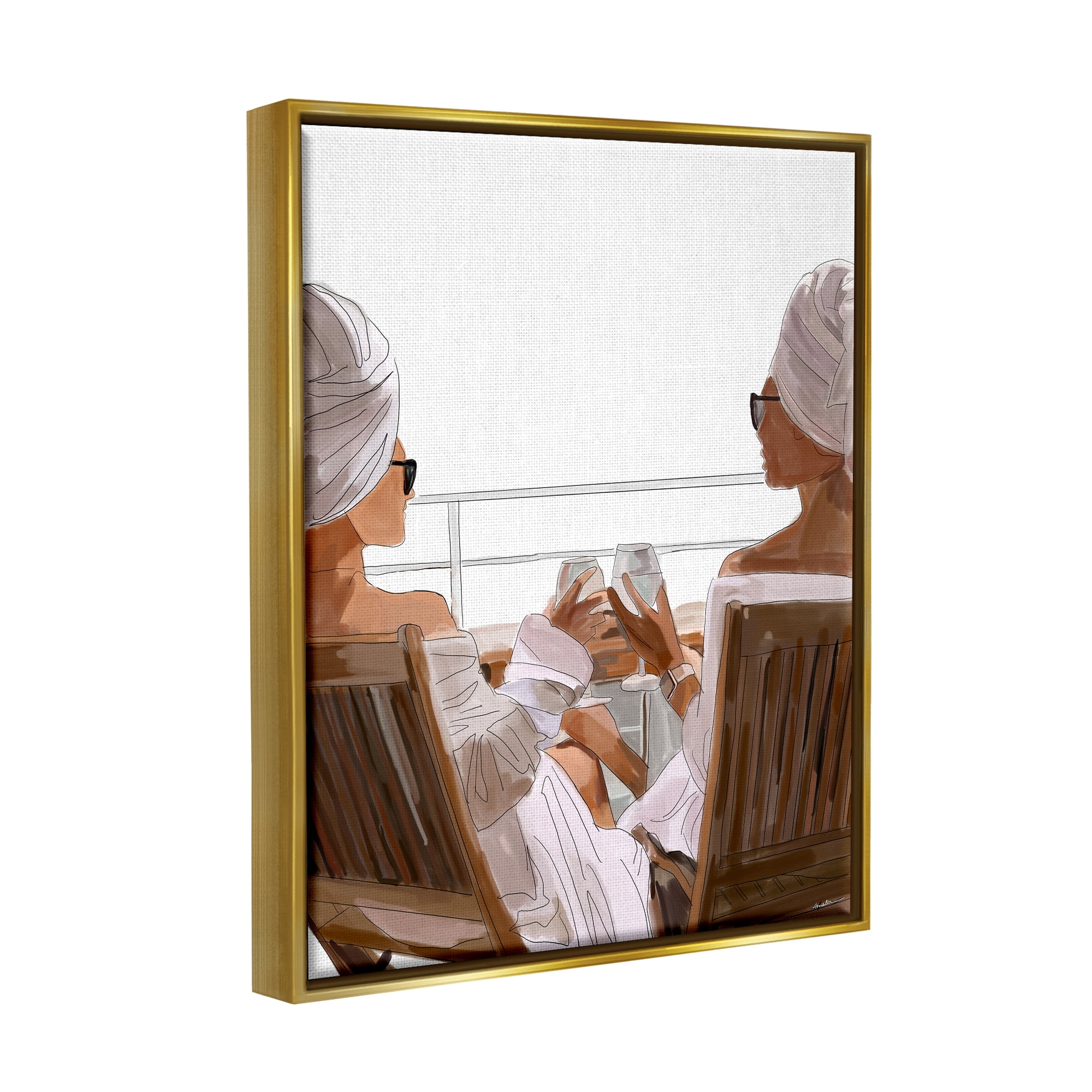 Stupell Industries Summer Friends Relaxing on Beach Coastal Painting Gold Floater Framed Art Print Wall Art