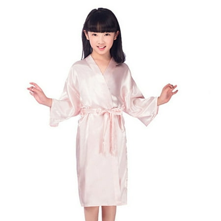 KYAIGUO Kids Satin Kimono Robe for Girls Solid Color Kimono Bathrobes for Wedding Spa Party Gifts Bridal Lingerie Sleepwear Bathrobe 2-14T