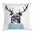 thumbnail image 1 of Pug Throw Pillow Cushion Cover, Hipster Dog with Antlers Hand Drawn Surreal Funny Illustration Happy Pug Image, Decorative Square Accent Pillow Case, 24 X 24 Inches, Black Blue White, by Ambesonne, 1 of 2