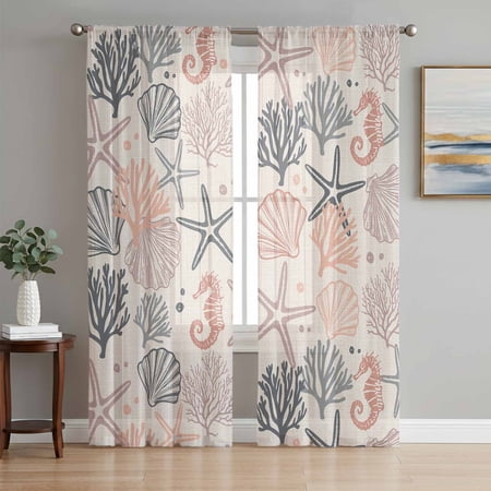 Coral Pink Grey Coastal Semi Sheer Curtains 96 Inch Length 2 Panels Set Summer Beach Starfish Coral Nautical Rustic Sheer Kitchen Curtain Privacy Window Curtain for Living Room Bedroom Drapes