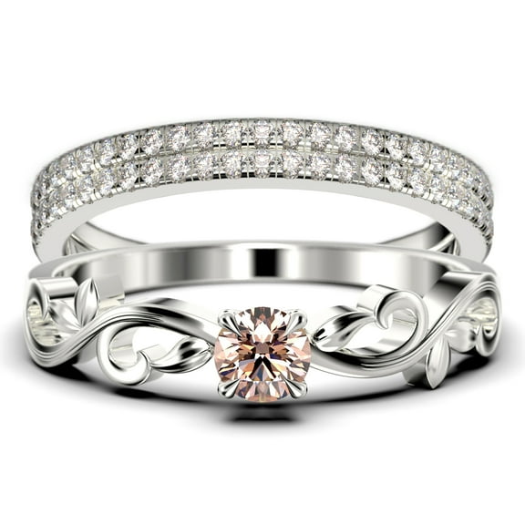 Art Nouvea Vintage Twisted Salt And Pepper 1.50 Carat Round Cut Morganite And Diamond Moissanite Engagement Ring, Antique Design Wedding Ring in10k Solid White Gold, Trio Set, Matching Band