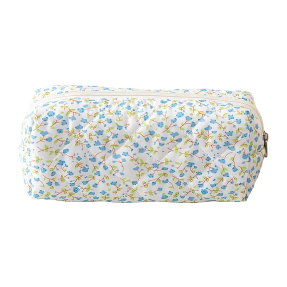 Floral Quilted Pencil Pouch Double Zipper Soft Fabric Pen Organizer Stationery Blue