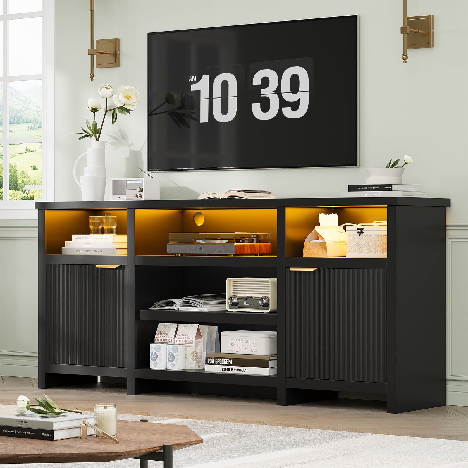 Farmhouse LED TV Stand for 80-inch TVs, Wooden Highboy TV Cabinet Media Console Entertainment Center with Storage for Living Room, Black
