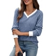 thumbnail image 3 of Women V Neck Color Block Long Sleeve Shirts-Casual Fall Light-Weight Tunic Sweaters Fashion Outfits Colorful Blue XXL, 3 of 10