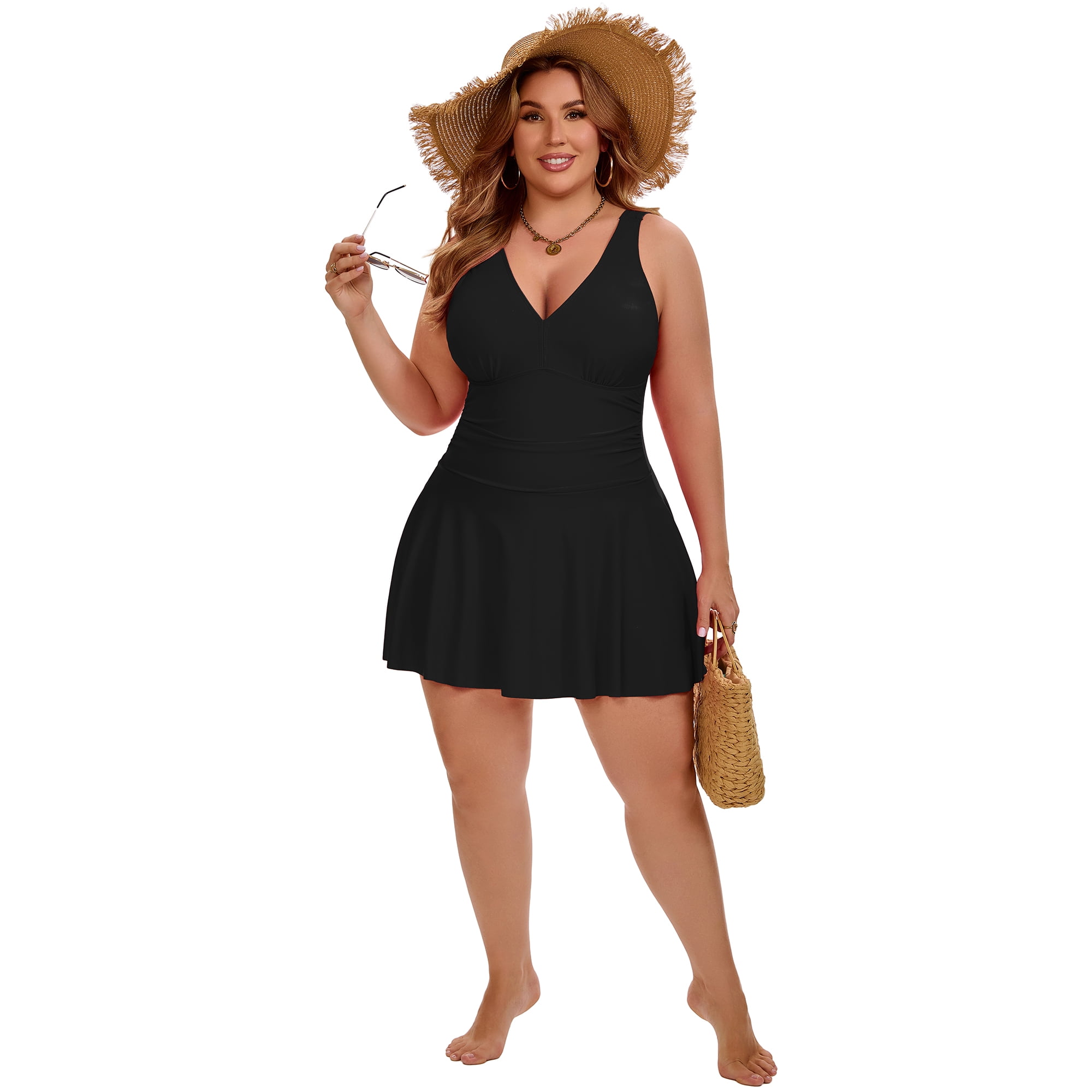 DARING DIVA Women's Plus Tummy Control Summer Beach Swimdress 4X Black