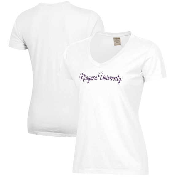 Women's White Niagara Purple Eagles Script Logo Comfort Wash V-Neck T-Shirt