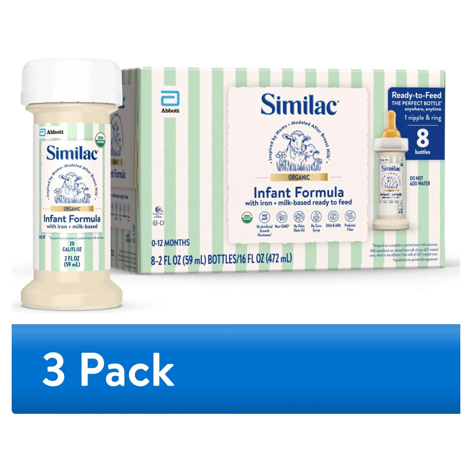 (3 pack) Similac Organic Ready-to-Feed Baby Formula, USDA-Certified Organic, 2-fl-oz Bottle, Pack of 8