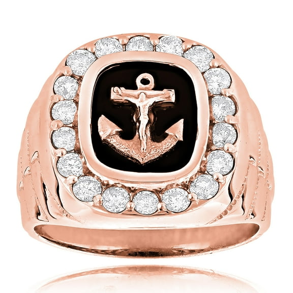 Black Natural Onyx And Real 1.5 Ctw Diamond 14K Anchor Vintage Ring For Him (Rose Gold Size 6.5)