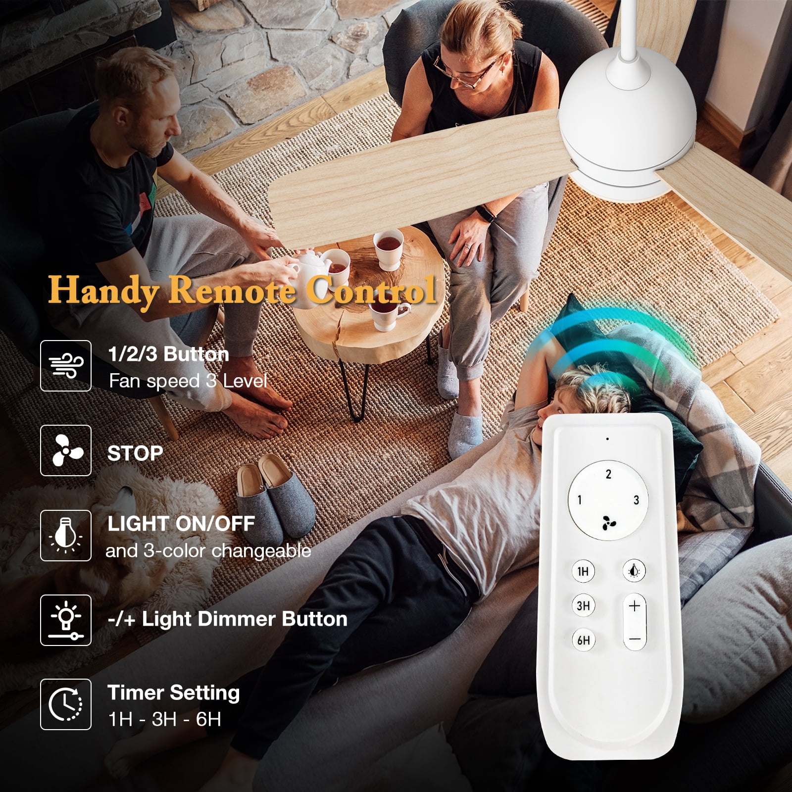Warmiplanet 48" 3-Blade Matte White Ceiling Fan - 3 Speeds, Dimmable Brightness, Remote Control