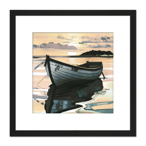 Sunset Fishing Rowboat Peaceful Lake Evening Painting Square Wooden Framed Wall Art Print Picture 8X8 Inch