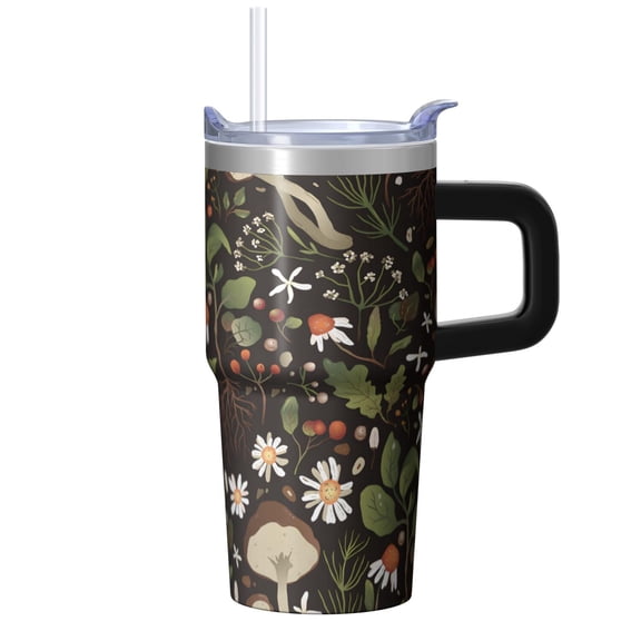 20oz Stainless Steel Cup, Insulated Tumbler with Handle, Straw Provided, Leak Proof Seal, Decorative Plant Motifs