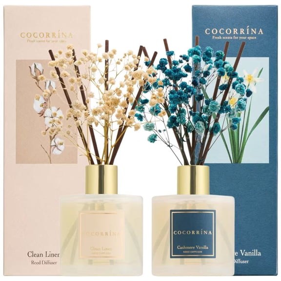COCORRÍNA 2-Pack Reed Diffuser Set, 6.7 fl oz Each, Clean Linen / Cashmere Vanilla, Home Fragrance Decor for Bedroom & Bathroom with Dried Baby's Breath